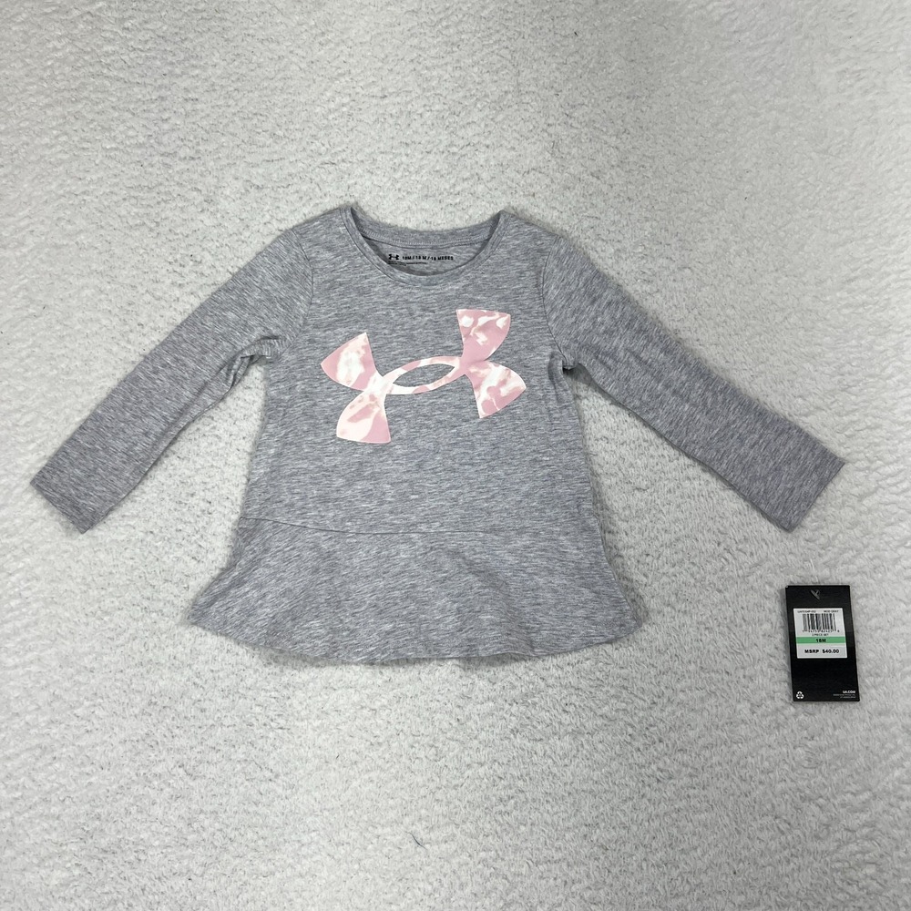 Under Armour Girls 18M Long Sleeve Shirt Gray Pink Logo Top UAFEI04P-052 NEW